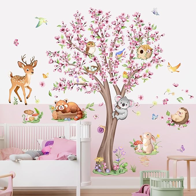 Cherry Blossom Tree Animals Wall Decals Pink Flower Tree Wall Stickers Peel and Stick Deer Squirrel Small Animals Decor for Girls Bedroom Living Room Nursery Playroom Classroom Decor
