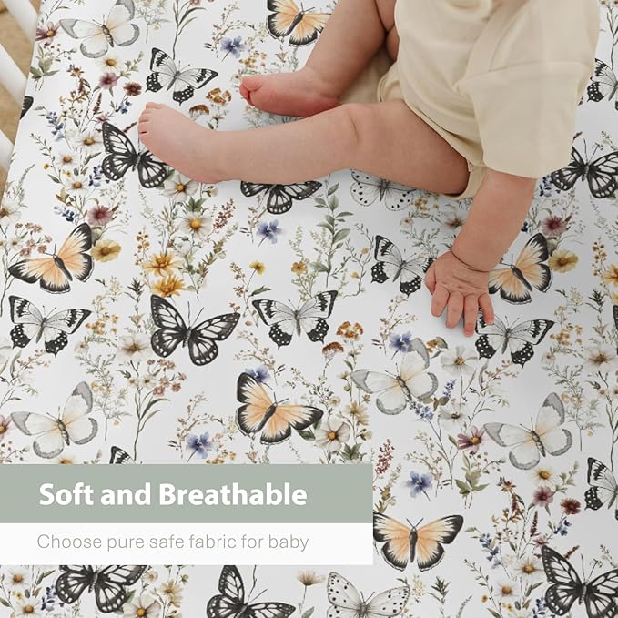 Boho Floral Butterflies Baby Crib Sheets for Boy Girl 52"x28" Vintage Wildflowers Leaves Soft Stretchy Fitted Crib Mattress Cover Retro Spring Summer Baby Sheet for Crib and Toddler Bed Mattresses
