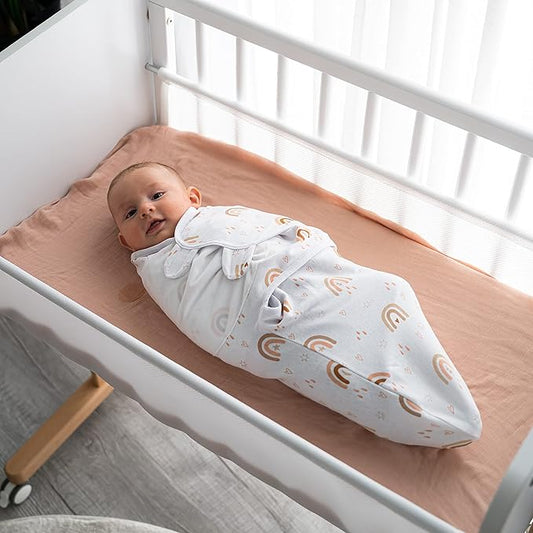 Comfy Cubs Easy Swaddle Blanket, 3 Pack - 100% Cotton Newborn Wrap, Small for 0-3 Months Infants, with Adjustable Velcro, Breathable and Durable Sleep Sack for Babies - Rainbow Bohemian