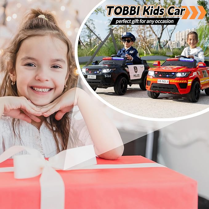 TOBBI Police Car Ride on Electric Car for Kids to Drive Battery Powered Ride-on Toys Cop Cars with Remote Control, Siren, Flashing Lights, Music, Spring Suspension, Carbon Black