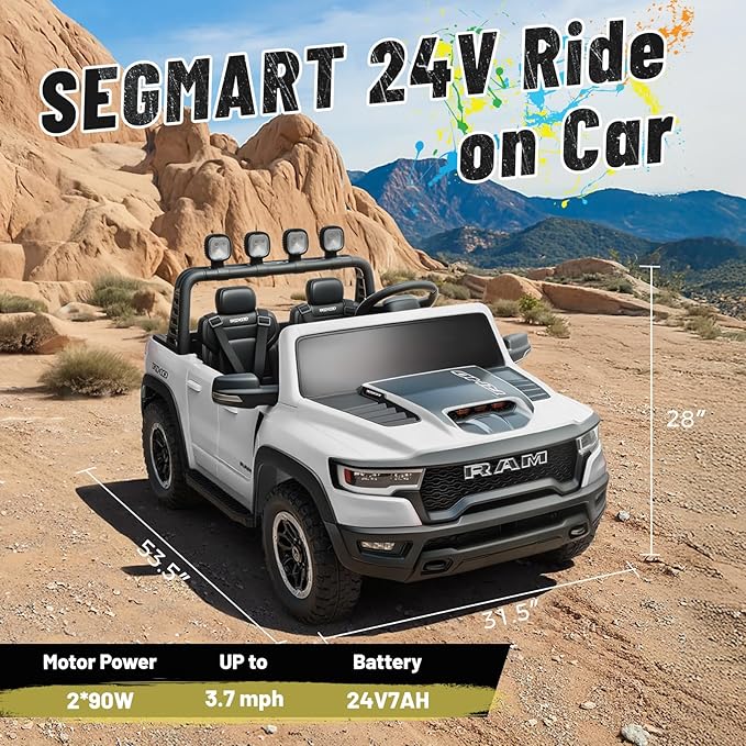 Electric Car for Kids, Licensed Ram 1500 RHO, 24V Ride on Toys for Big Kids, Battery Powered with Parent Remote Control, LED Light/Music/MP3, Back Storage, White, Roll Bar