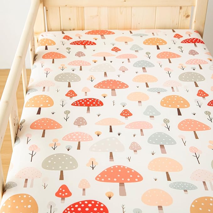 SDIII 2 Pack Mushroom Crib Sheets for Boys Girls 52×28 Stretchy Microfiber Jersey Knit Soft Fall Crib Sheets for Standard Crib and Toddler Mattress