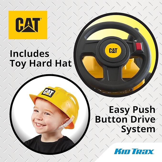 Kid Trax 6V CAT Frontloader Ride-On Toy for Kids, Ages 18-36 Months, Max Weight 44 lbs, Easy Push Button Drive System and Pull Front Bucket Lever, Includes Toy Hard Hat