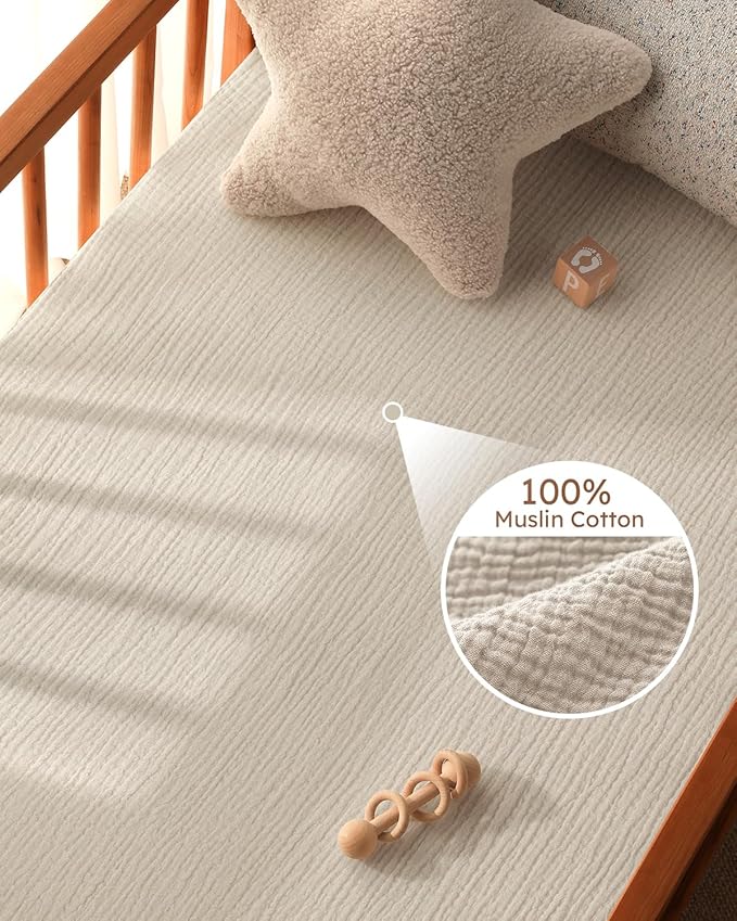 Muslin Crib Sheets for Boys Girls, 100% Cotton Fitted Crib Sheet 2 Pack for Standard Crib and Toddler Mattress, Breathable Soft Baby Sheet 28x52x8in Beige & Brown