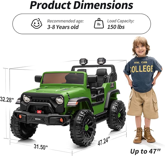 2 Seater Ride on Car Toy, 12V Electric Car for Kids 4-8 with Remote Control, Capacity 150 lb, LED Light - Army Green