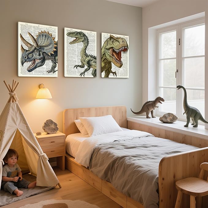 Ovczax 3 Pieces Dinosaur Canvas Wall Art - Tyrannosaurus Rex, Triceratops, Velociraptor Decor For Kids Room Game Room, Living Room, Bedroom 24" x 16"