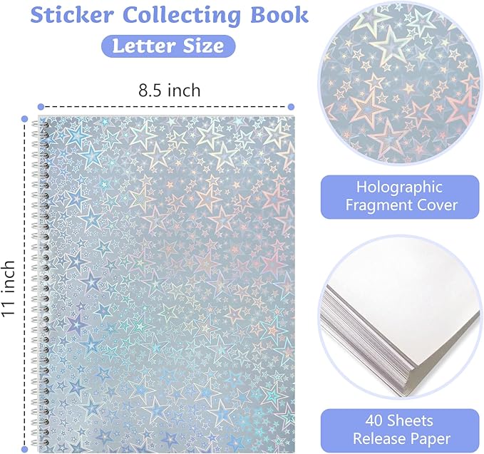 Dajino Large Reusable Sticker Book Collecting Album 8.5×11 Inch Sticker Storage Collection Organizer Book for Adult with 40 Sheets Letter Size Blank Release Paper and Holographic Cover (Star)