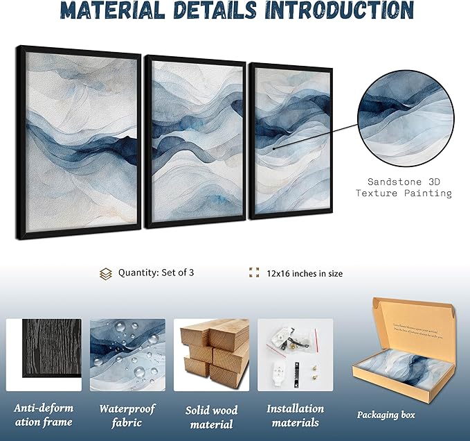 Framed 3D Textured Blue Abstract Wall Art, Modern Navy Blue Abstract Wall Decor Paintings, Neutral Minimalist Texture Posters Prints Pictures for Living Room Bedroom Office Home Decor 12x16 Inch