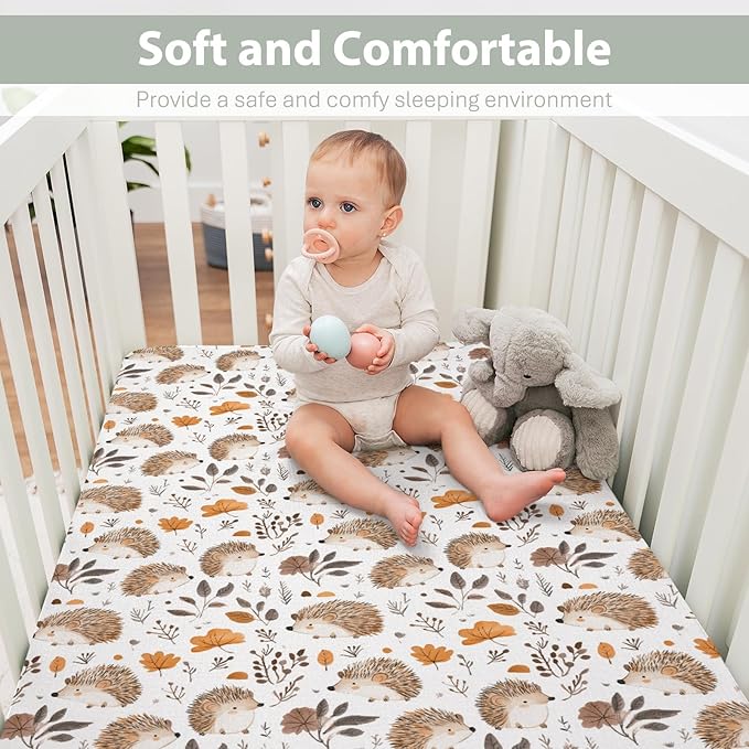 Watercolor Hedgehog Leaves Baby Crib Sheets for Boy Girl 52x28Inch Cute Hedgehogs Soft Stretchy Fitted Crib Mattress Cover Animals Baby Sheet for Standard Crib and Toddler Mattresses