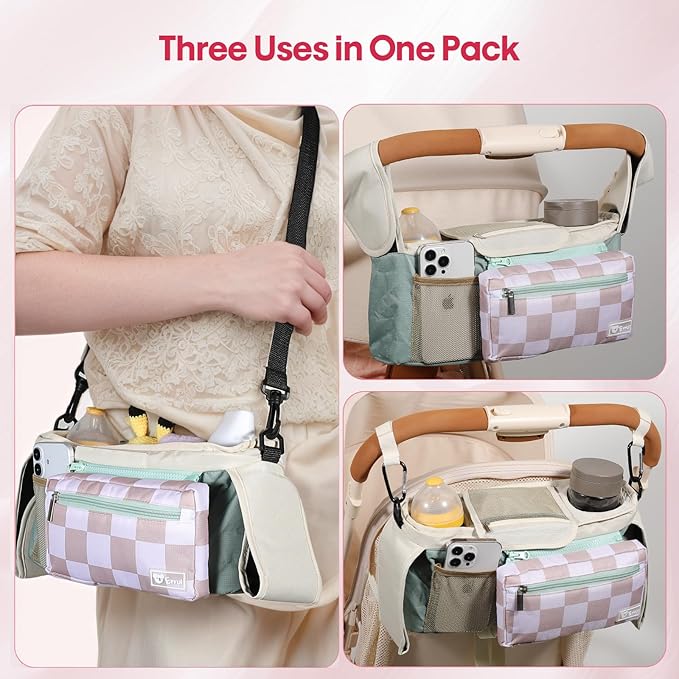 Universal Stroller Organizer with Insulated Cup Holders and Detachable Phone Bag,Stroller Caddy Fits for Stroller Accessories like Uppababy, Baby Jogger, Doona, Nuna Stroller (Green Square grid)
