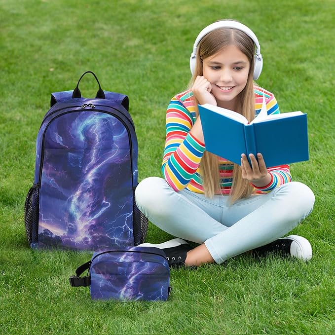 Jucciaco Blue Lightning Tornado Backpack with Lunch Bag, School Travel Backpack for Teens Boys Girls Backpacks Set