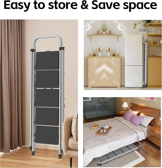 DIAMONDFORGE 5-Step Foldable Step Ladder Stool with Handle, Anti-Slip Wide Pedals & Feet, 800lbs Capacity, Sturdy Stepstool Folding for Adults in Home & Kitchen Use - Silver Gray