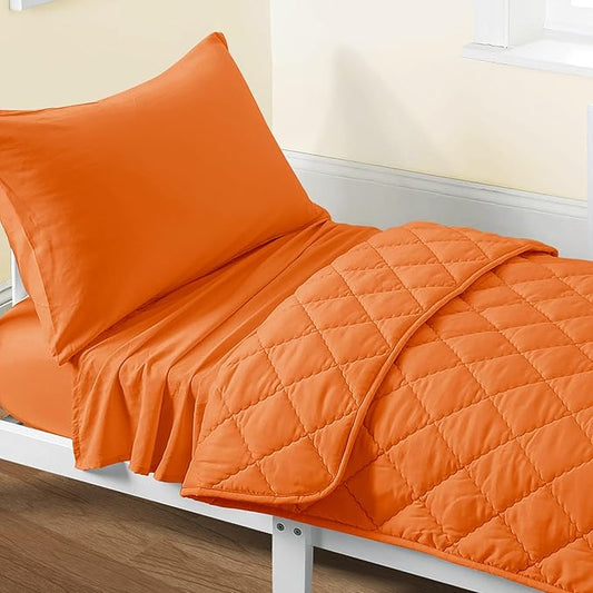 FLXXIE 4 Pieces Toddler Bedding Set, Soft and Breathable Microfiber Crib Sheet Set, Includes Quilted Comforter, Flat Top Sheet, Fitted Sheet, Envelope Pillow Case for Boys and Girls, Orange