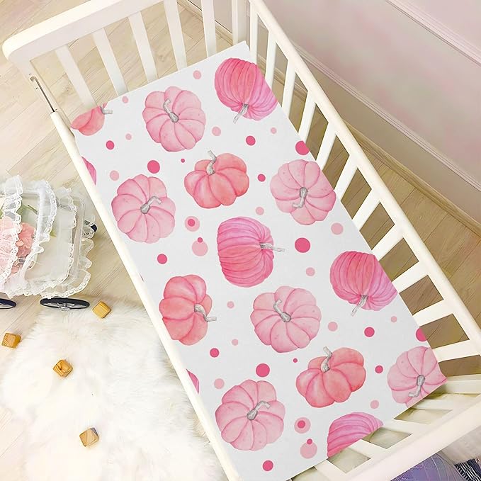 Pink Thanksgiving Pumpkins Crib Sheets Soft Breathable Fitted Baby Crib Sheets Mattress Cover for Girl Boys, 52" x 28" x 9"