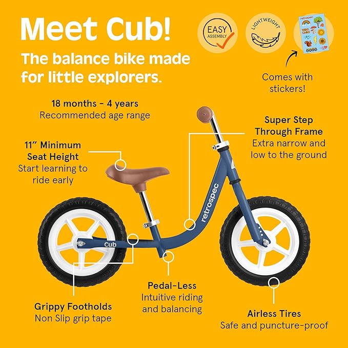 Retrospec Cub Toddler Balance Bike for Ages 18 Months - 3 Years - 12in No-Pedal Beginner Bicycle with Adjustable Seat, Puncture-Proof Tires & Safe Low Frame Design