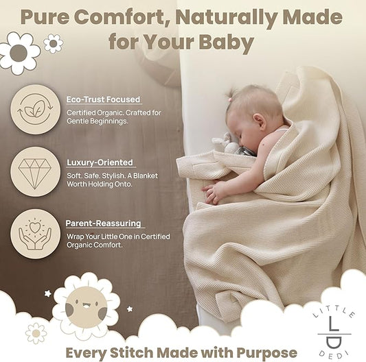 100% Organic Cotton Baby Knitted Blanket with Gift Box - Soft Toddler, Crib, Stroller Blanket - Neutral Swaddle and Receiving Blanket for Newborns, 30"x40", Color Earth Ivory