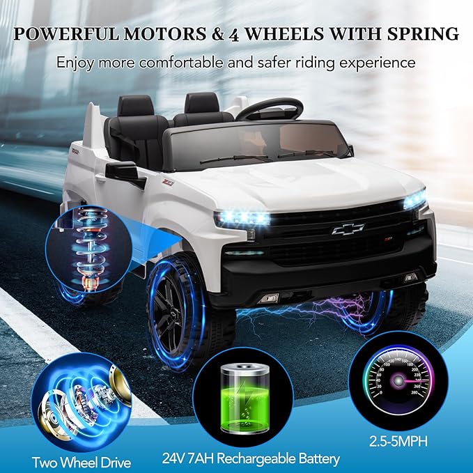 GarveeLife 24V 2-Seater Truck Licensed Chevrolet Silverado Ride On Car Kids Toy, Electric Vehicle Car for Toddlers with Parent Remote Control, White