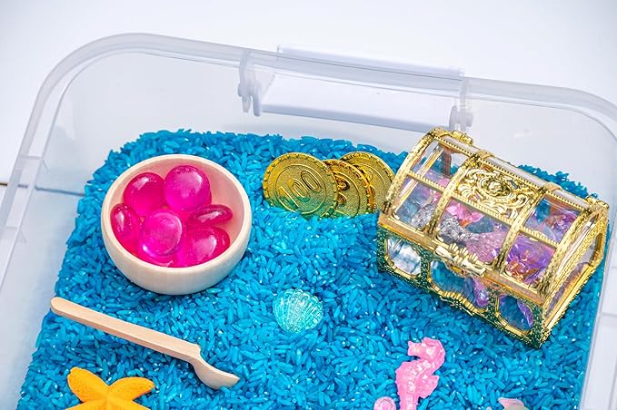 Mermaid Sensory Bin Kit for Kids – Blue Rice, Pinto Beans, Mermaids, Gems, Shells & Treasure Chest – Ocean-Themed Sensory Play with Storage Bin