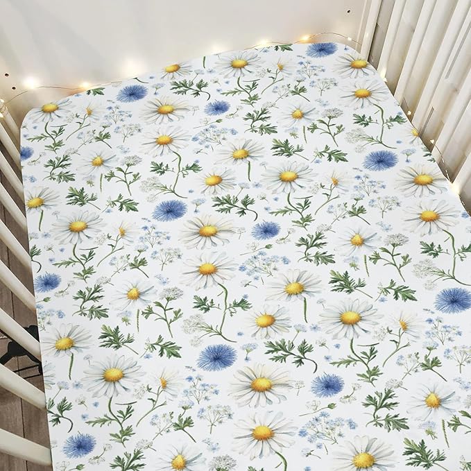 Vintage Daisy Boho Floral Baby Crib Sheets for Boy Girl 52x28Inch Wild Flowers Leaves Soft Stretchy Fitted Crib Mattress Cover Spring Summer Baby Sheet for Standard Crib and Toddler Mattress