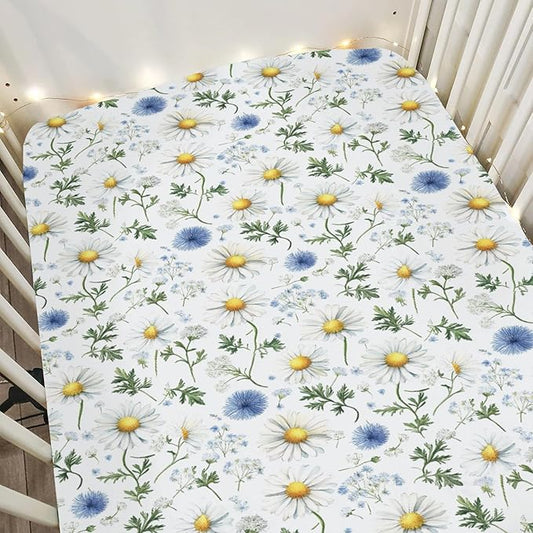 Vintage Daisy Boho Floral Baby Crib Sheets for Boy Girl 52x28Inch Wild Flowers Leaves Soft Stretchy Fitted Crib Mattress Cover Spring Summer Baby Sheet for Standard Crib and Toddler Mattress
