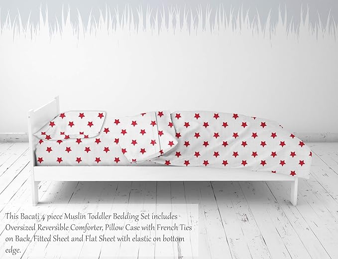Bacati - Muslin Ikat Stars 4 Piece Boys Toddler Bedding Set 100 Percent Cotton Includes Reversible Comforter, Fitted Sheet, Top Sheet, and Pillow Case (4 pc Toddler Bedding Set, Red Stars)