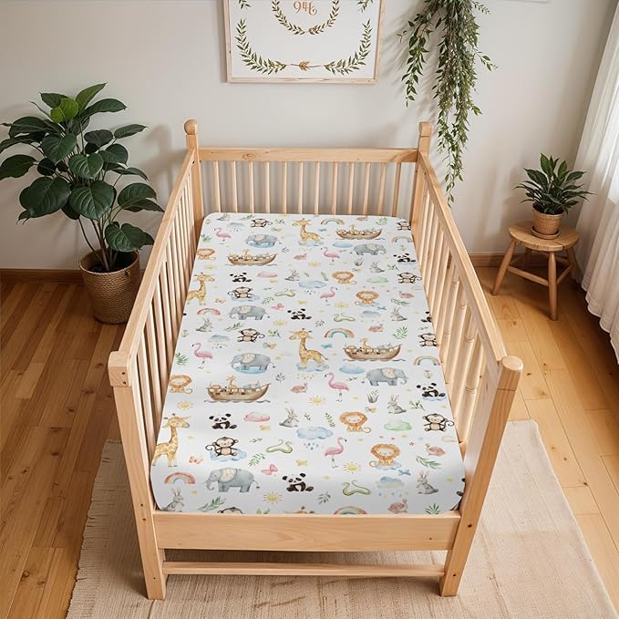 Cute Animals Ship Baby Crib Sheets for Boy Girl 28"x52" Lion Panda Giraffe Flamingo Rainbow Sun Leaves Soft Snug Fitted Crib Mattress Cover Wildlife Baby Sheet for Standard Crib & Toddler Bed Mattress