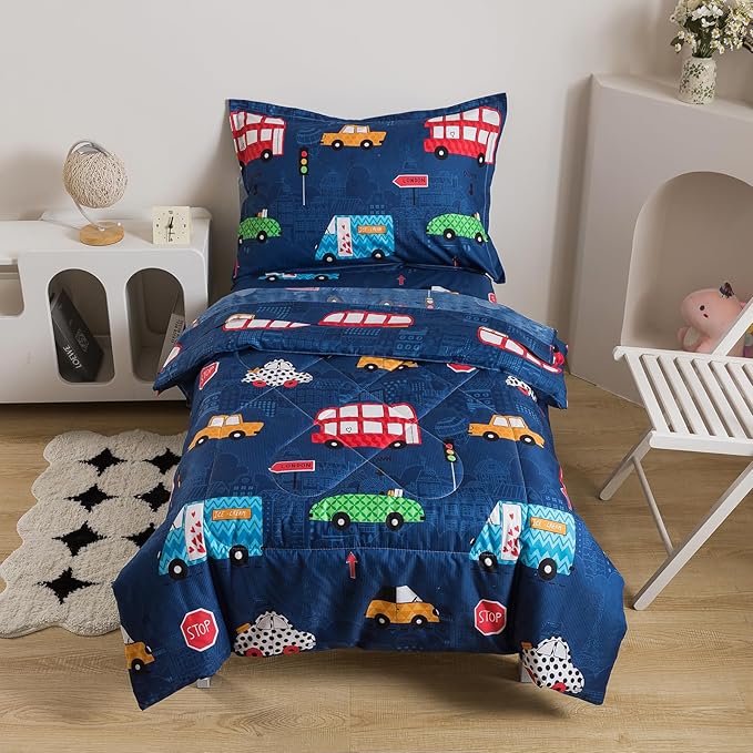 Caressma Twin Size 5 Pieces Comforter Set Bed-in-a-Bag,Soft Fabric Print Cars,Buses & Traffic Lights.Includes Comforter, Fitted Sheet, Flat Sheet, Pillow Case & Pillow Shame for Kids