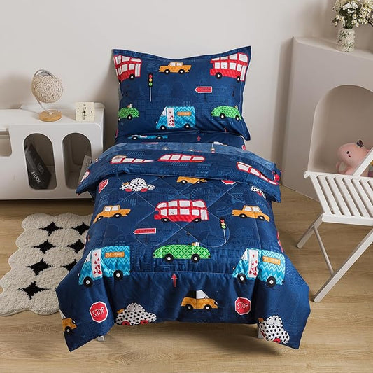 Caressma Navy Toddler Bedding Set Bed-in-a-Bag 4 Pieces, Soft Microfiber Kids Comforter with Cars,Buses & Traffic Lights Pattern, Includes Comforter, Fitted Sheet, Flat Sheet & Pillowcase
