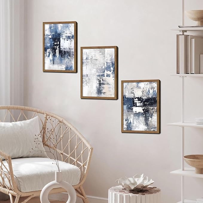 Blue Abstract Wall Art Set of 3, White and Blue Abstract Canvas Wall Decor Paintings, Modern Neutral Minimalist Posters Prints Pictures for Living Room Bedroom Office Home Decor 12x16 Inch Wood Framed