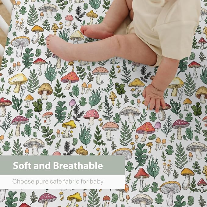 Colorful Mushrooms Green Leaves Baby Crib Sheets for Boy Girl 28"x52" Fall Mushroom Soft Stretchy Fitted Crib Mattress Cover Autumn Baby Sheet for Standard Crib & Toddler Mattress Pad
