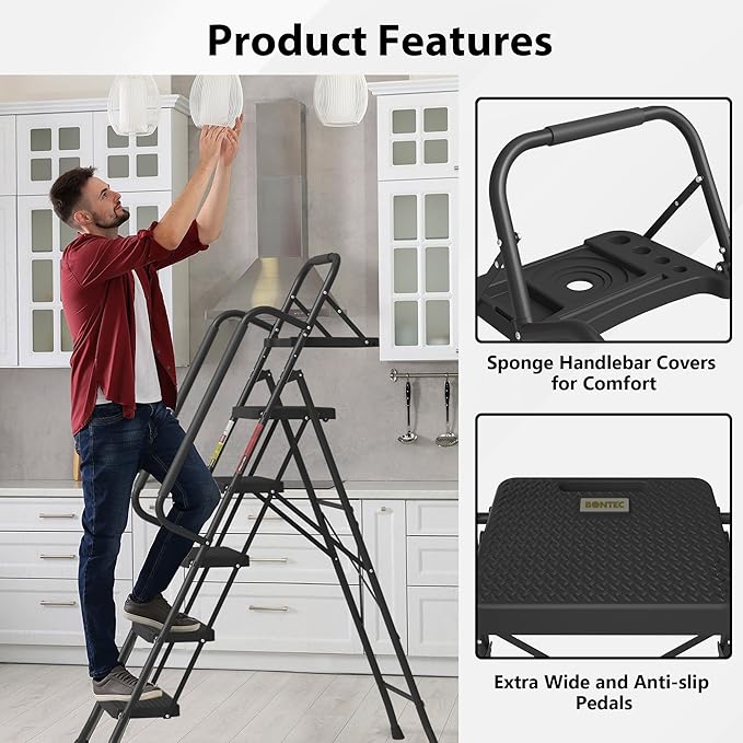 BONTEC 5-Step Ladder, 400lbs Max Load, Folding Step Stool with Tool Tray, Tool Bag, Handrails, Wide Anti-Slip Pedals, Sturdy Steel Ladder for Household & Work Use, Black
