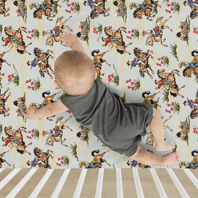 Vintage Cowboy Floral Baby Crib Sheets for Boy Girl 52x28Inch Western Cowboy Horse Soft Stretchy Fitted Crib Mattress Cover Wild West Desert Baby Sheet for Standard Crib & Toddler Bed Mattresses