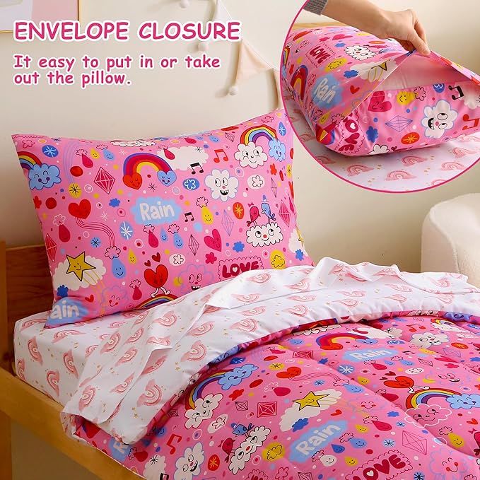 Mooreeke 4 Pieces Toddler Bedding Set - Pink Rainbow Cloud Toddler Comforter Sets for Girls, Includes Comforter, Flat Sheet, Fitted Sheet and Pillowcase, Bed in A Bag for Baby Bedroom