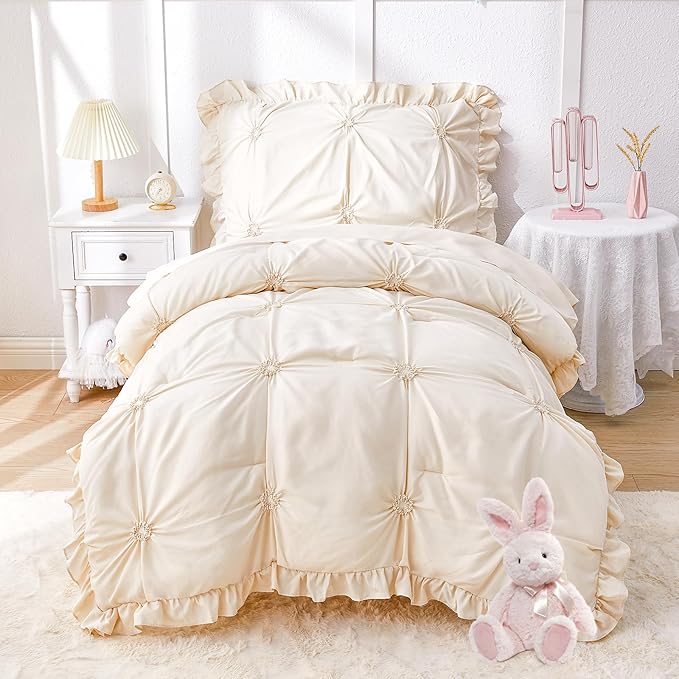 Wowelife Toddler Bedding Sets for Girls, 4-Piece Beige Toddler Bed Set Floral Ruffles Boho Bohemian Jacquard Includes Comforter, Fitted Sheet, Top Sheet and Pillowcase, Beige