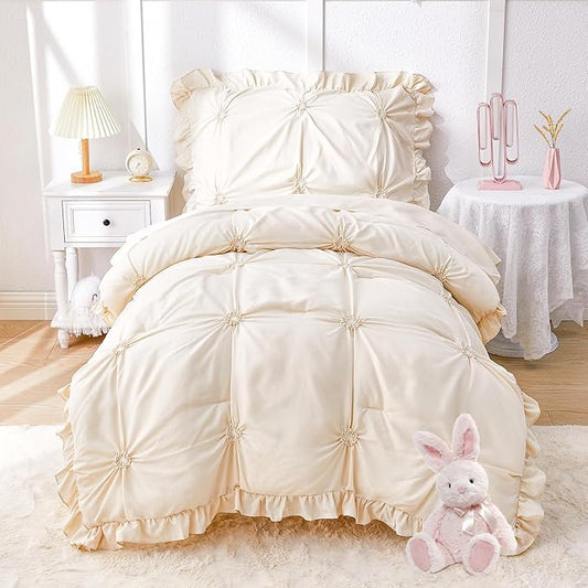 Wowelife Toddler Bedding Sets for Girls, 4-Piece Beige Toddler Bed Set Floral Ruffles Boho Bohemian Jacquard Includes Comforter, Fitted Sheet, Top Sheet and Pillowcase, Beige