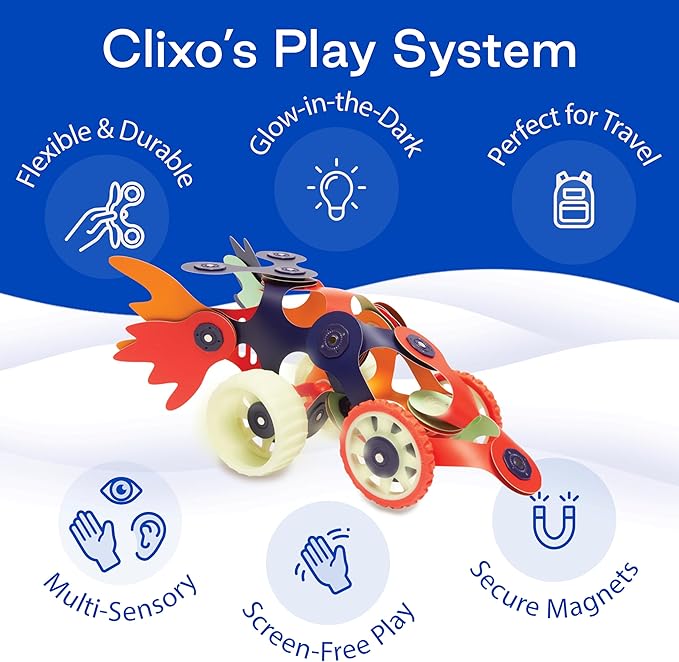 Clixo Mars Rover Pack - Glow-in-The-Dark Wheels Magnetic Building Toy - 30 Flexible Magnet Pieces for Galactic Exploration & Adventure. Award-nominated STEM Toy. Kids Gift & Travel. Ages 6+ [New]