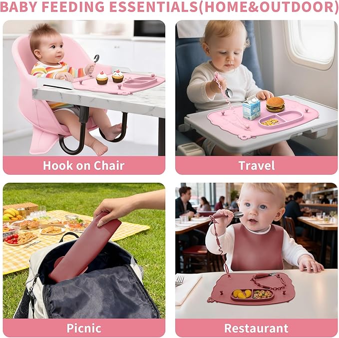 Baby Placemats for Weaning Babies - 2 Silicone Toddler Placemat with 4 Strong Suction Cups & 8 Stretchable Straps | BPA-Free Baby Table Mat for Restaurants, Dining Table & Toddler Mealtime