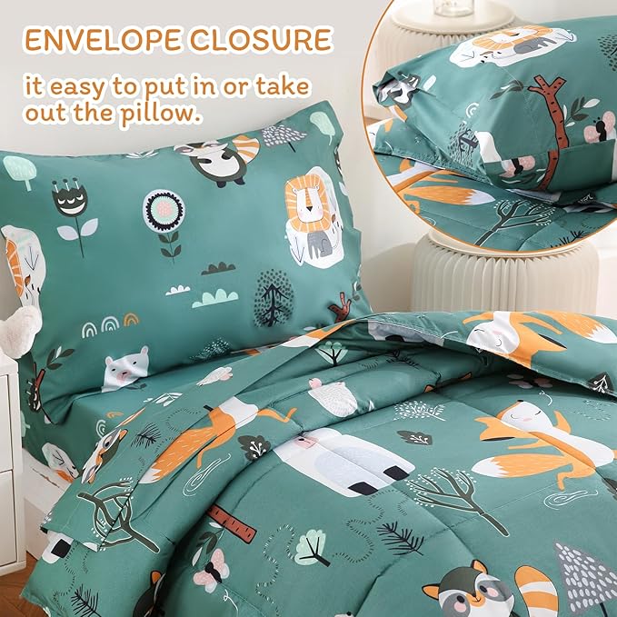 JSD Green Forest Animals Toddler Bedding Set, 4 Piece Bed-in-Bag Toddler Comforter Sheet Set, Machine Washable