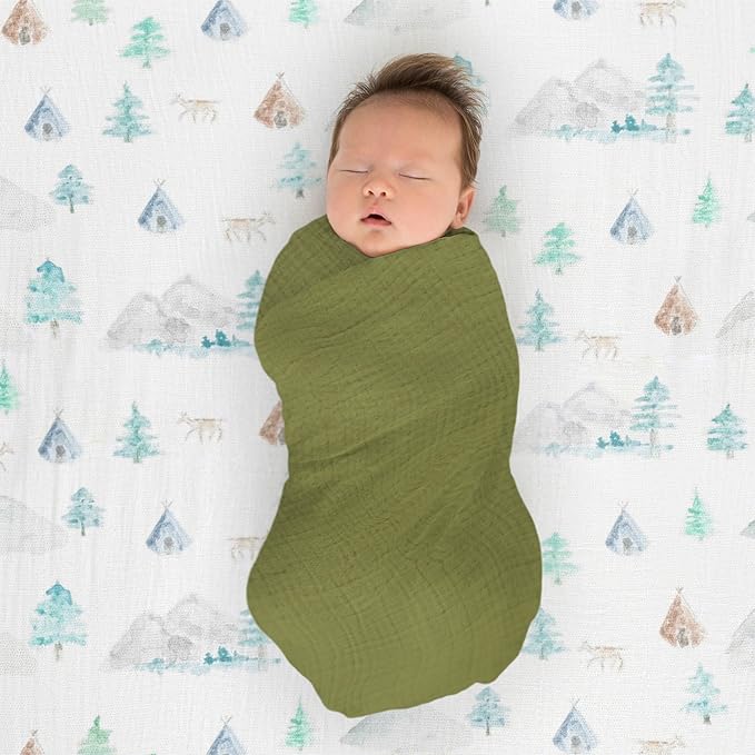 SwaddleDesigns Softest Cotton Muslin Fitted Crib Sheet, Toddler Sheet for Boys & Girls, Fits Standard Crib Mattress (28 x 52 inches), Watercolor Mountains & Trees