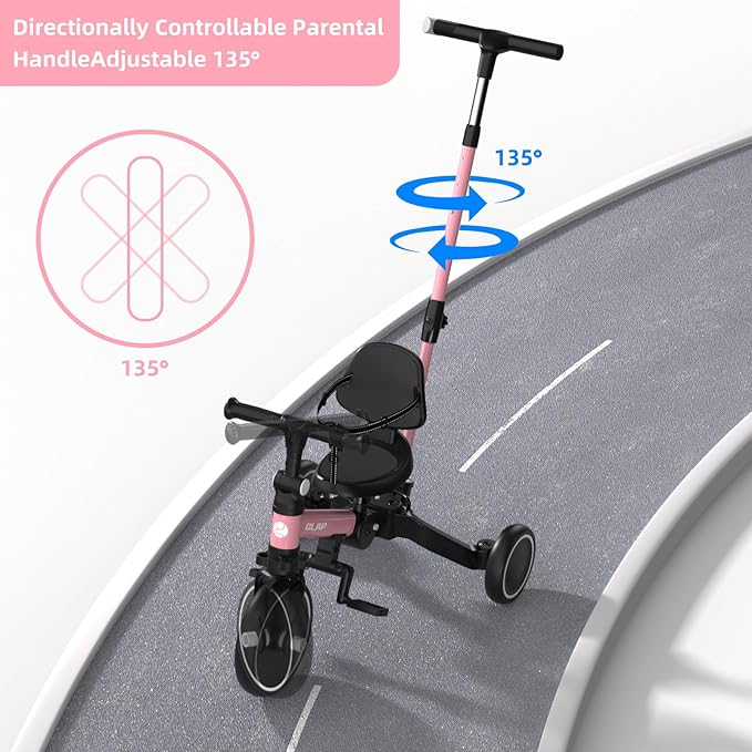 Glaf Tricycle for Toddlers 1-3 Toddler Bike with Push Handle 2-4 Years Baby Bike Toy for 1 Year Old Boys and Girls Balance Bike with Removable Pedal, Backrest, Adjustable Seat, Gifts (Pink