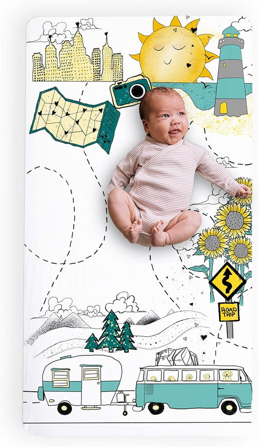 JumpOff Jo - Fitted Crib Sheet, Super Soft Breathable 100% Cotton Baby Crib Sheet for Standard Crib Mattresses and Toddler Beds, 28 in. x 52 in. - Road Trip