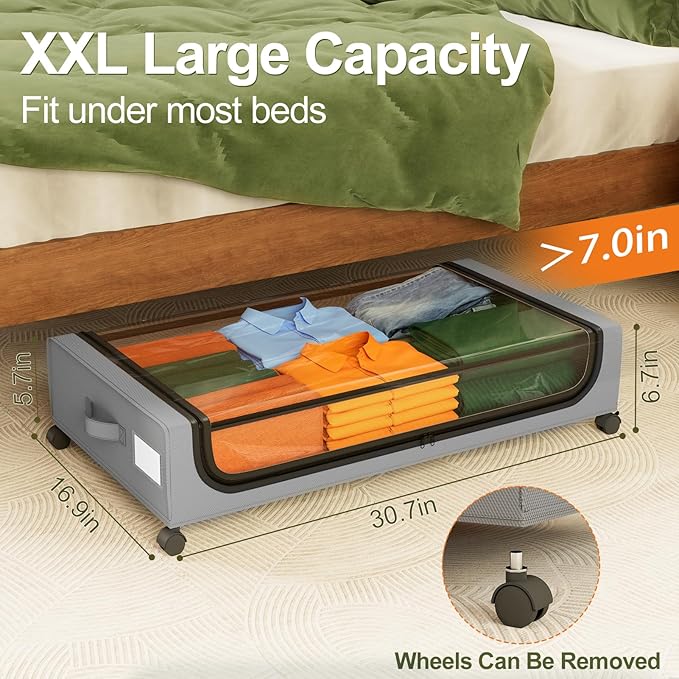 GoMaihe Under Bed Storage with Wheels: XXL Underbed Storage Containers with Lids - Rolling Bins for Shoes Clothes in Dorm Bedroom - Metal Drawers Easy Pull-out Grey 4-Pack