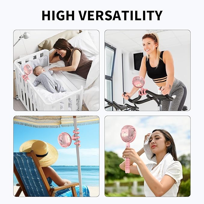AMACOOL Battery Operated Stroller Fan Flexible Tripod Clip On Fan with 3 Speeds and Rotatable Handheld Personal Fans for Car Seat Crib Bike Treadmill (Pink)
