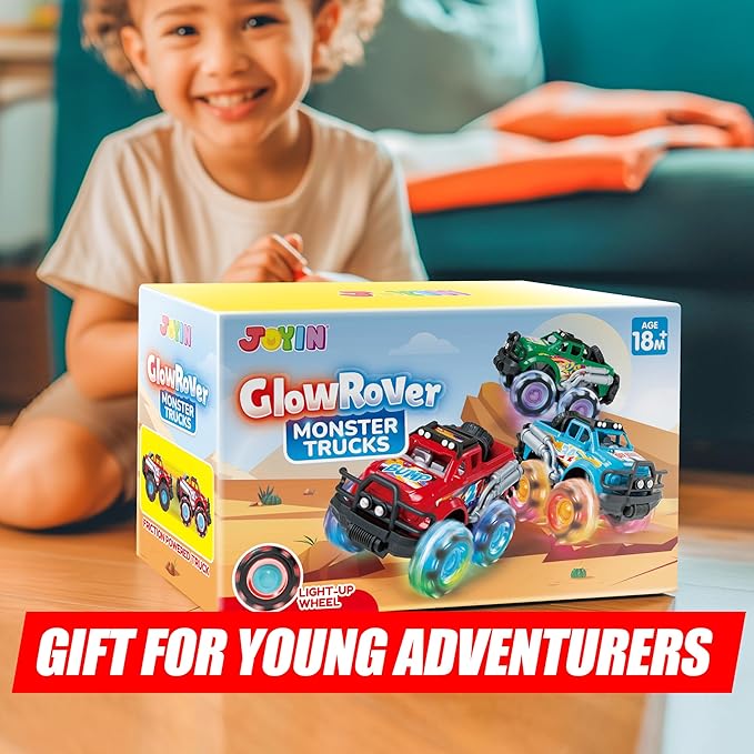 3Pack Monster Truck Toy - Toy Truck with Flashing LED Wheels - Light-Up Cars for Toddlers - Christmas Birthday Gift for Boys Girls - Friction-Powered