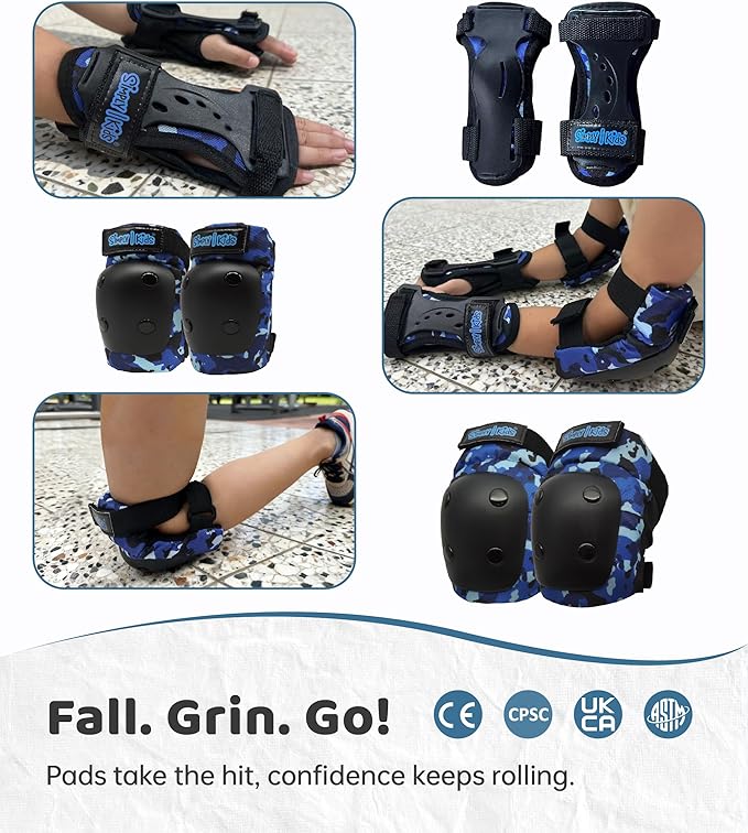 Simply Kids Knee and Elbow Pads with Wrist Guards, HardSoft Pad Tech. - CPSIA Certified Protective Gear Set - Inline Roller Skate Skateboard Bike Knee Pads for Kids Child Girls Boys Toddler Youth