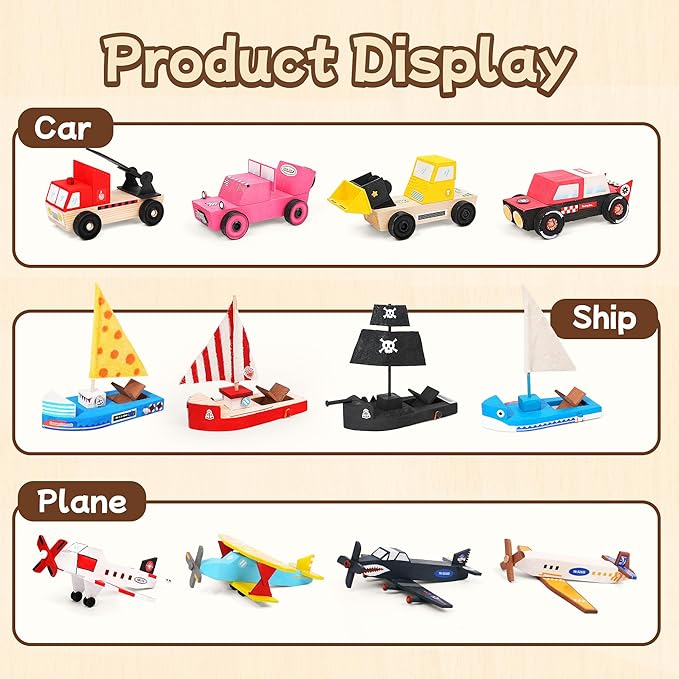 Wooden Build Paint Art Crafts Kit, Make Your Own Car Boat & Plane DIY Craft Toys for Kids Boys, STEM Educational Toy Set