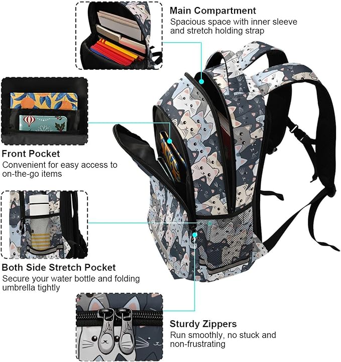 MNSRUU Laptop Backpack with Chest Strap, Cute Cat School Backpack, Travel Hiking Backpack for Boys Girls Teen Adult, Rucksack, Knapsack