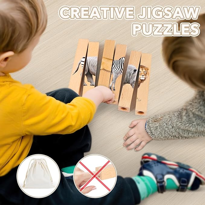 Joyreal Wooden Animal Chunky Puzzles for Toddlers, Montessori 4 in 1 Safari Animal Block Puzzle Toy, Preschool Learning Educational Interactive Toys Gift for Toddlers 2 3 4 5 6 Years Old