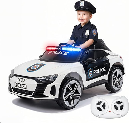 12V Kids Police Ride On Car with Remote Control, Flashing Lights, Siren & Megaphone, Bluetooth Music, Rocking Mode, Leather Seat, 3 Speeds, Battery Powered Electric Vehicle for Boys & Girls