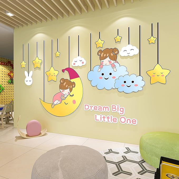 3D Stars Moon Wall Stickers for Girls Room Decor Wall Decals Peel and Stick for Girls Bedroom Large Pink Decor for Nursery Toddler Inspirational Princess Art Pictures Kids Murals Wallpaper